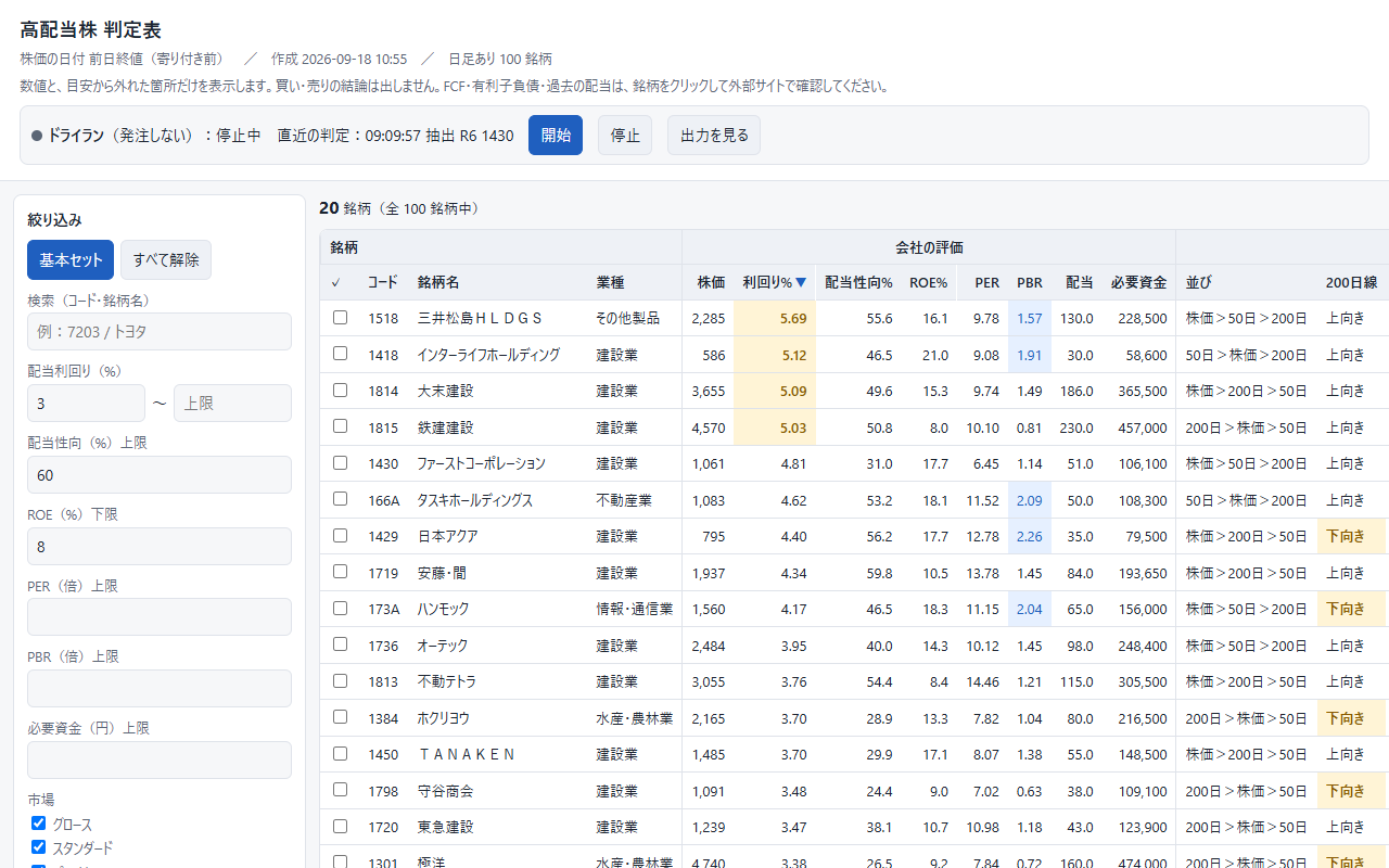 日本株 自動売買ツールの判定表画面