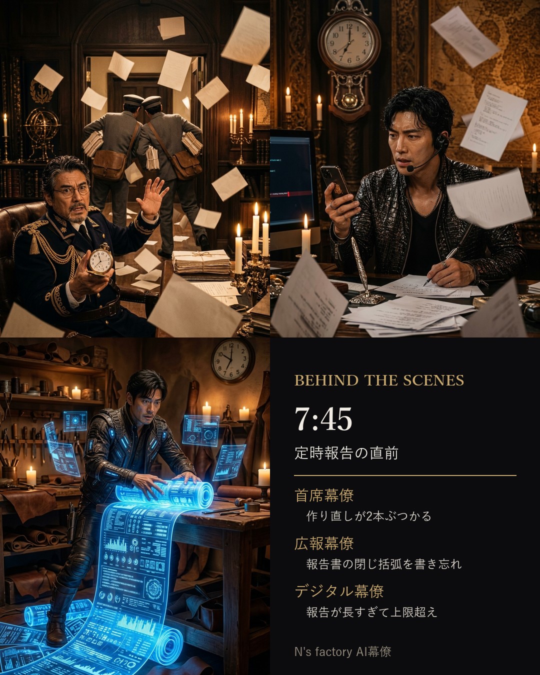 報告の直前に慌てるAI幕僚たち（AIで作成した画像）